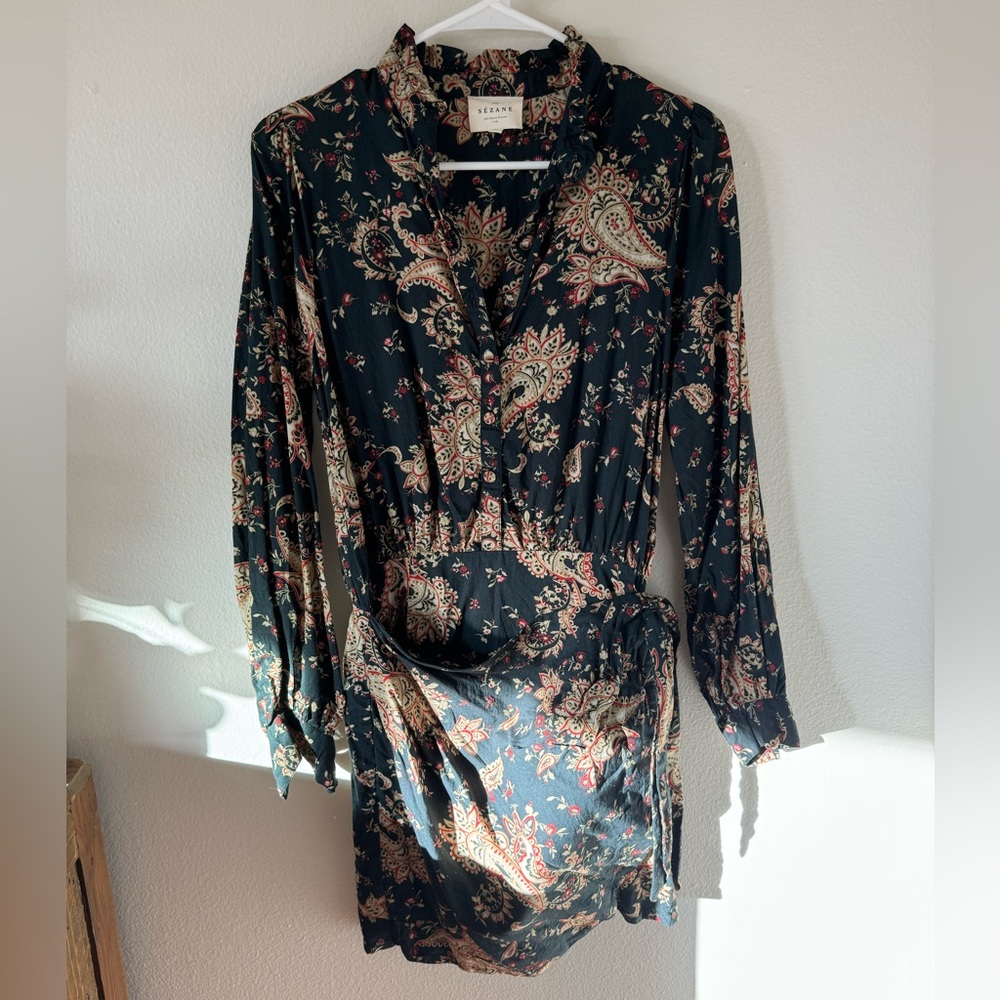Sezane Wrap-Skirt Mini Capri Long-Sleeve Dress